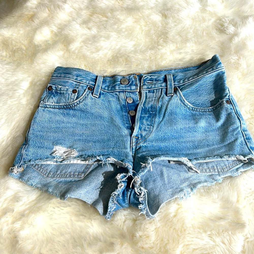 Levi's 501 Blue Jean Shorts Classic Distressed Cut-offs Size 24 Waist - Picture 2 of 8